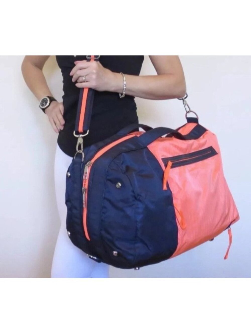 Lululemon Do It Up Gym Bag Neon Coral Navy Large Duffle Crossbody Travel Sport